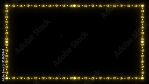 Gold heart border. Neon frame loop. Romantic overlay. Wedding video art. Glowing border. Valentine motion. Elegant gold line. Festive frame. Love heart neon. Luxury border bg.