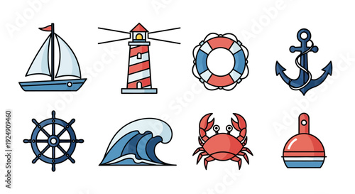 Nautical and marine themed icons set for sea adventures and ocean navigation.