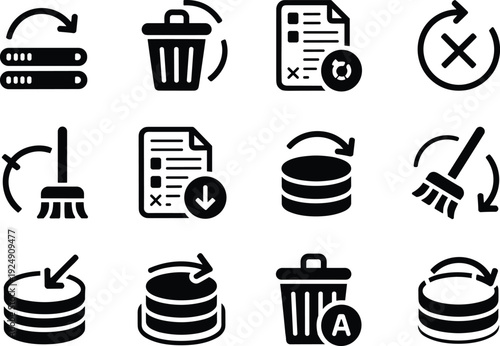 Clear cache and data management icon set with database reset, delete file, trash bin, broom cleaning and refresh arrows isolated on white background