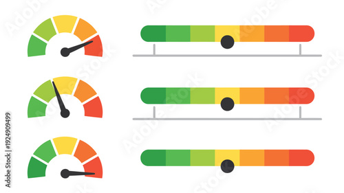 Scale Icon with a Circle and Bar, vector illustration featuring level and rating gauges, indicators for temperature, speed, and energy, minimalist control and measurement symbols, isolated on white