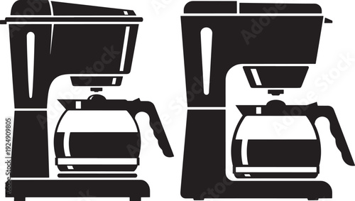 Black and white silhouettes of coffee makers with carafes, ideal for morning routines and beverage themes.