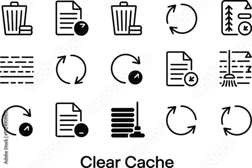 Clear cache and refresh icon collection with delete document, trash bin, broom cleaning, circular arrows and data reset symbols isolated on white background