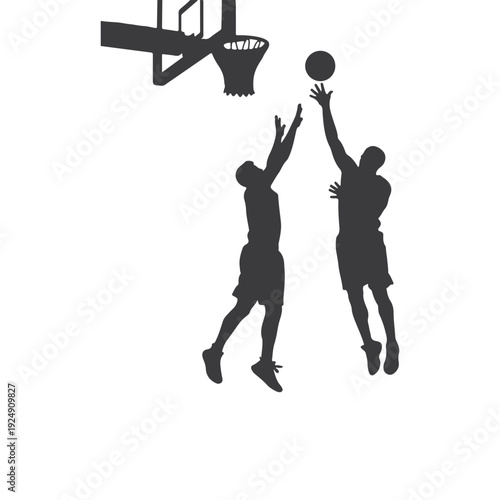 Dynamic silhouette illustration of two basketball players competing, with one player shooting and another attempting a defensive block near the hoop Free Vector