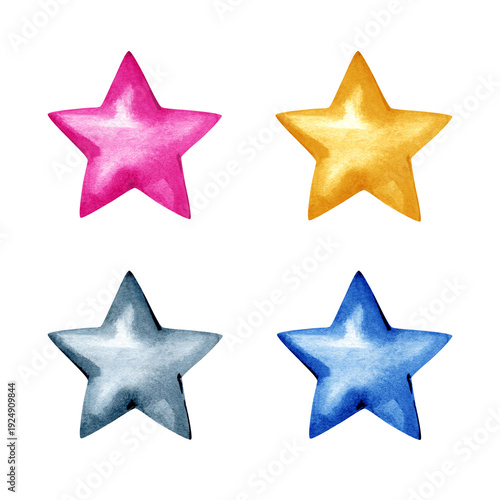 Vibrant watercolor set of four hand-painted stars in pink, gold, silver, and blue. These textured celestial elements are ideal for children's designs, festive decorations, and celebratory greeting