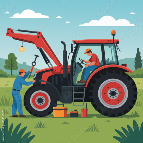 Tractor Driver Repairing Tractor

Flat vector illustration of a tractor driver checking or repairing a tractor. Tools and open hood visible. Flat vector style, practical farm maintenance.