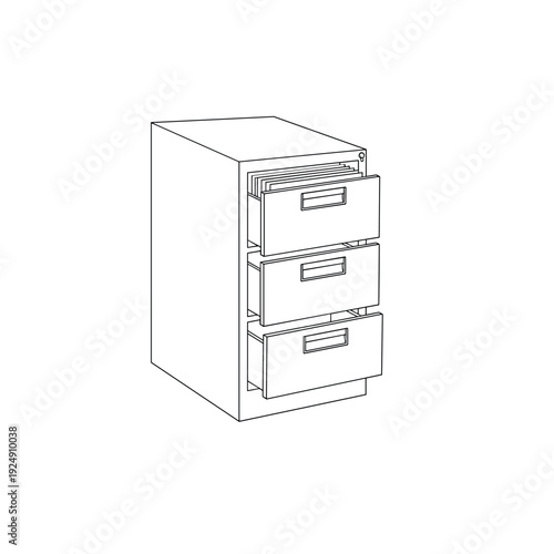 3D render of a secure metal office filing cabinet with open drawer and file folders for document storage