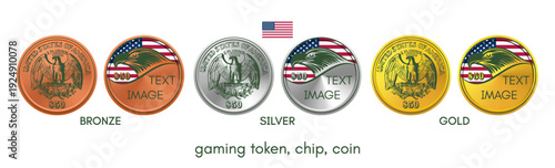 Vector set of front and back of gaming token, chip or coin. 50 dollars denomination. Gold, silver and bronze. Sample, text or image. Engraving depicting eagle. Flag of United States of America