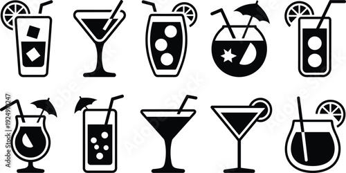 Cocktail and tropical drink icon set with martini glasses, soda, juice and umbrella beverages isolated on white background for bar menu design