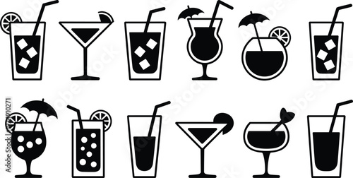 Cocktail and soft drink silhouette icon set with martini glass, juice, soda and tropical beverages isolated on white background for bar menu design