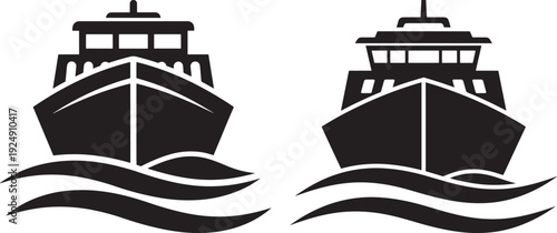 Front view silhouettes of ships sailing on waves, symbolizing maritime travel, shipping, and ocean voyages.