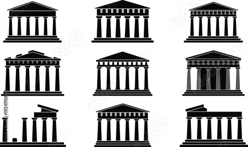 Collection of nine black silhouette illustrations of ancient Greek and Roman temples, classical architecture with columns, pediments, ruins, historic design vector art