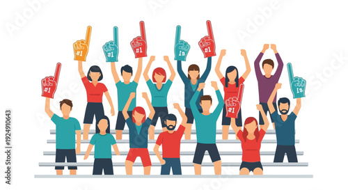 A diverse group of enthusiastic sports fans cheering and holding up foam fingers in a stadium or arena.