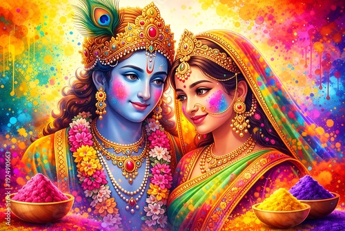 Divine Radha Krishna Inspired Holi Festival Artwork with Vibrant Colors