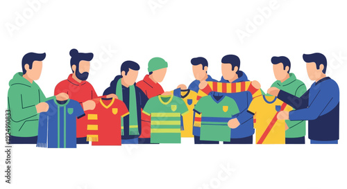 Group of men holding and displaying various colorful sports jerseys, possibly discussing or exchanging them.