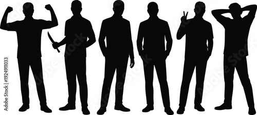 Collection of six male silhouette figures in varied poses, flexing arms, holding knife, casual stance, peace sign, relaxed posture, vector illustration