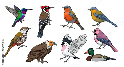 Vibrant collection of diverse bird species illustrations.