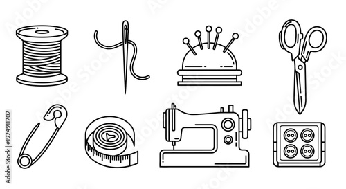 Set of linear icons for sewing and tailoring supplies