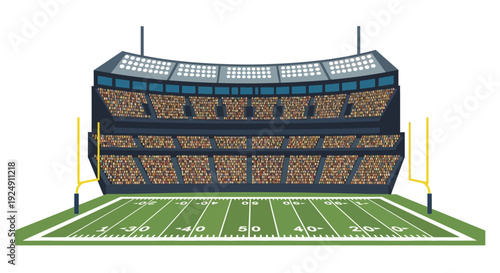 An illustration of a large American football stadium with a green field, yard lines, goalposts, and stands filled with a cheering crowd.