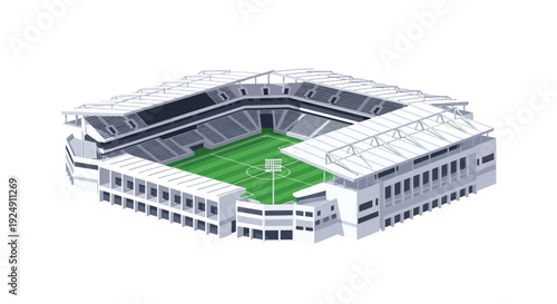 An isometric 3D rendering of a modern, empty sports stadium with a green field and white roof structure, viewed from above.