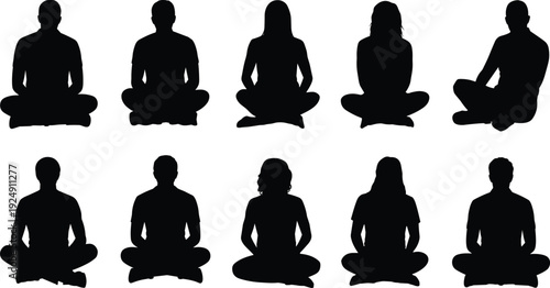 Collection of ten stylized meditation silhouettes, symbolizing mindfulness, yoga, relaxation, diversity, unity, and spiritual wellness practices