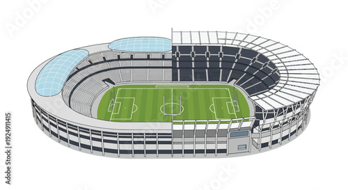 Detailed isometric illustration of a modern oval-shaped sports stadium with a green soccer field and tiered seating under a partial roof structure.