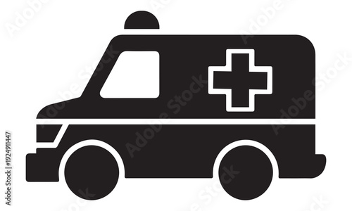 Clean vector illustration of a modern ambulance with a white cross emblem and red flashing light, isolated on white background