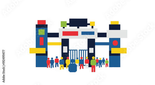 Pixel art illustration of a colorful entrance gate with a crowd of people gathering, suggesting an event or festival.