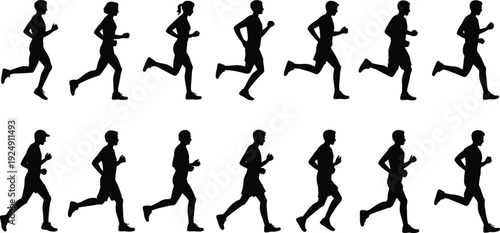 Collection of twelve black silhouette figures running, dynamic motion sequence, athletic gait cycle, jogging, sprinting, fitness, sports, exercise, vector illustration