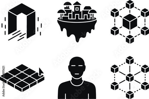 A collection of black and white icons representing blockchain technology concepts