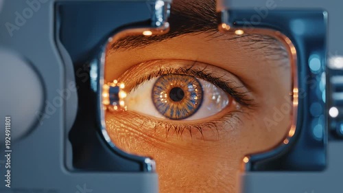 Close up human eye undergoing optical examination with medical diagnostic equipment