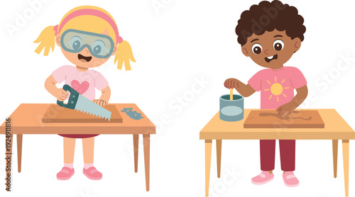 Color vector illustrations of children woodworking with safety goggles, hand saw, and paintbrush for creative, educational, and DIY design themes.