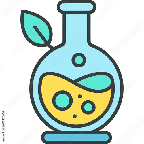 An illustration of a flask with a leaf and yellow liquid inside on a white background.