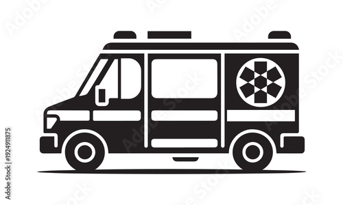 Detailed black and white vector illustration of a modern ambulance, highlighting emergency services, medical response, and patient transport