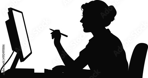 Office desk computer silhouette vector illustration, professional icon with stylus and monitor, stylish artwork, decorative graphics, productivity motifs