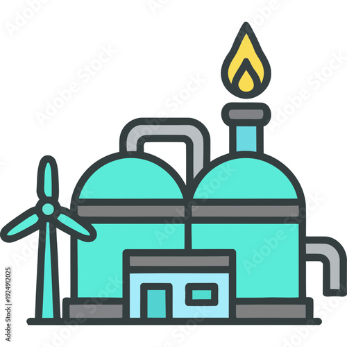 An industrial facility with a wind turbine generates power.