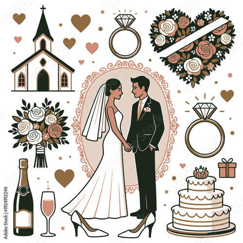 Wedding Elements and Couple vector illustration