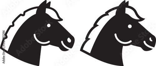 Cute black silhouette icons of happy horse heads with flowing manes and smiling expressions, isolated on white
