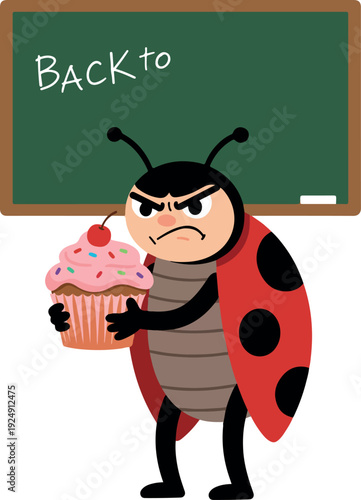 Angry Ladybug Holding Cupcake Back to School Chalkboard Vector Art