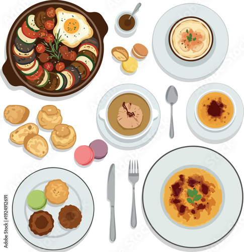 Assorted French Desserts Pastries And Savory Dishes Flat Design Top View