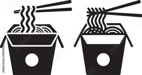 Simple black and white icons of two open takeout containers filled with noodles and chopsticks, symbolizing fast food and Asian cuisine.