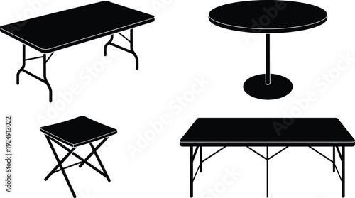 Folding table and round pedestal table silhouette set with portable event furniture and banquet equipment isolated on white background