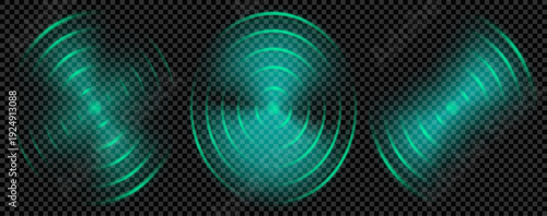 Green sonar wave signal. Radio or radar sensor effect. Hud glow symbol for sound alarm. Antenna scan frequency transparent overlay. Circular pulse for sonic ring icon. Realistic concentric radius arc