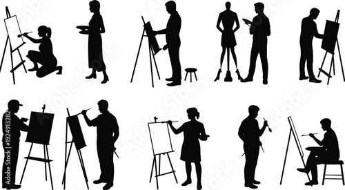 Artist painting silhouette vector illustration set, creative icons with diverse poses, stylish artwork, decorative graphics, art motifs