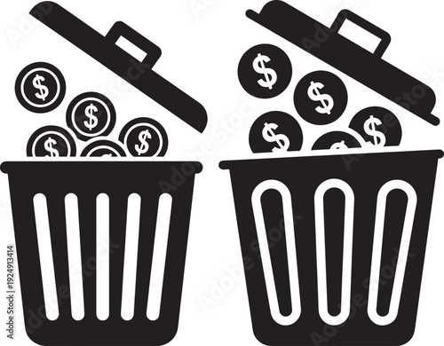 Black and white vector graphics of two trash cans overflowing with dollar coins, representing financial waste, loss, or irresponsible spending.
