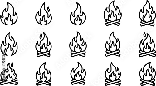  fire flat line icons, flames, flame of various shapes, bonfire vector