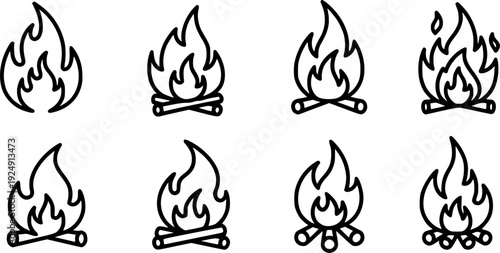  fire flat line icons, flames, flame of various shapes, bonfire vector