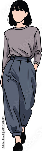 Stylish Woman in Casual Attire with Bob Haircut.