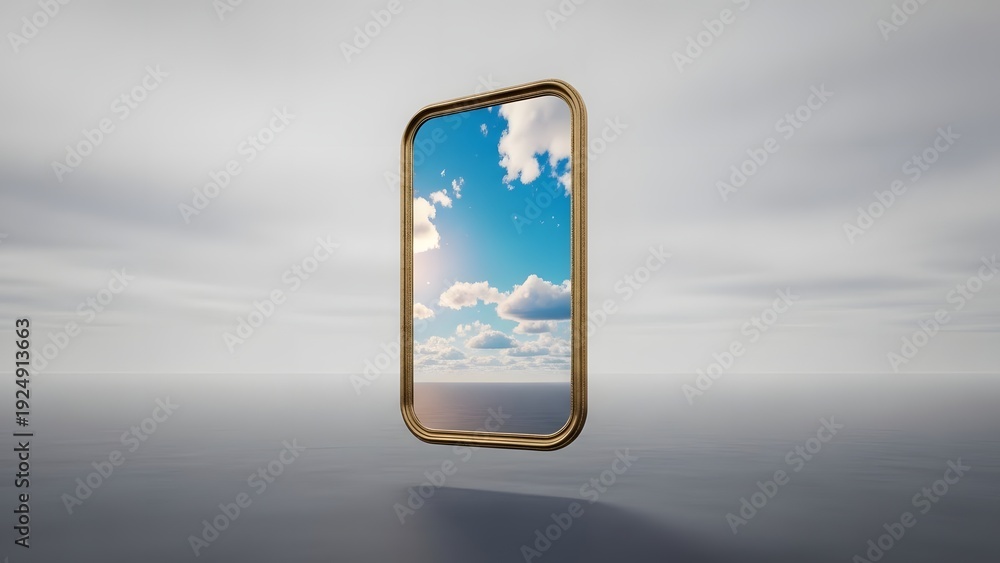 Fototapeta premium A smartphone with a serene blue sky and white clouds reflected on its screen