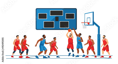 Flat illustration of a dynamic basketball game with players in red and blue uniforms competing on the court, featuring a scoreboard and hoop.