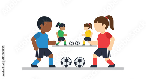 Illustration of two adults and two children playing soccer with multiple soccer balls on a white background.